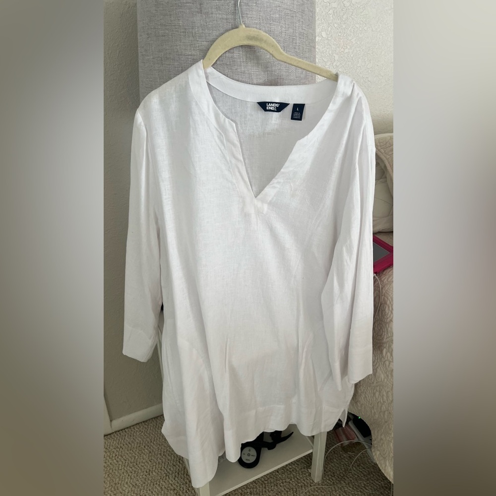 Lands' End White Linen V-Neck Top